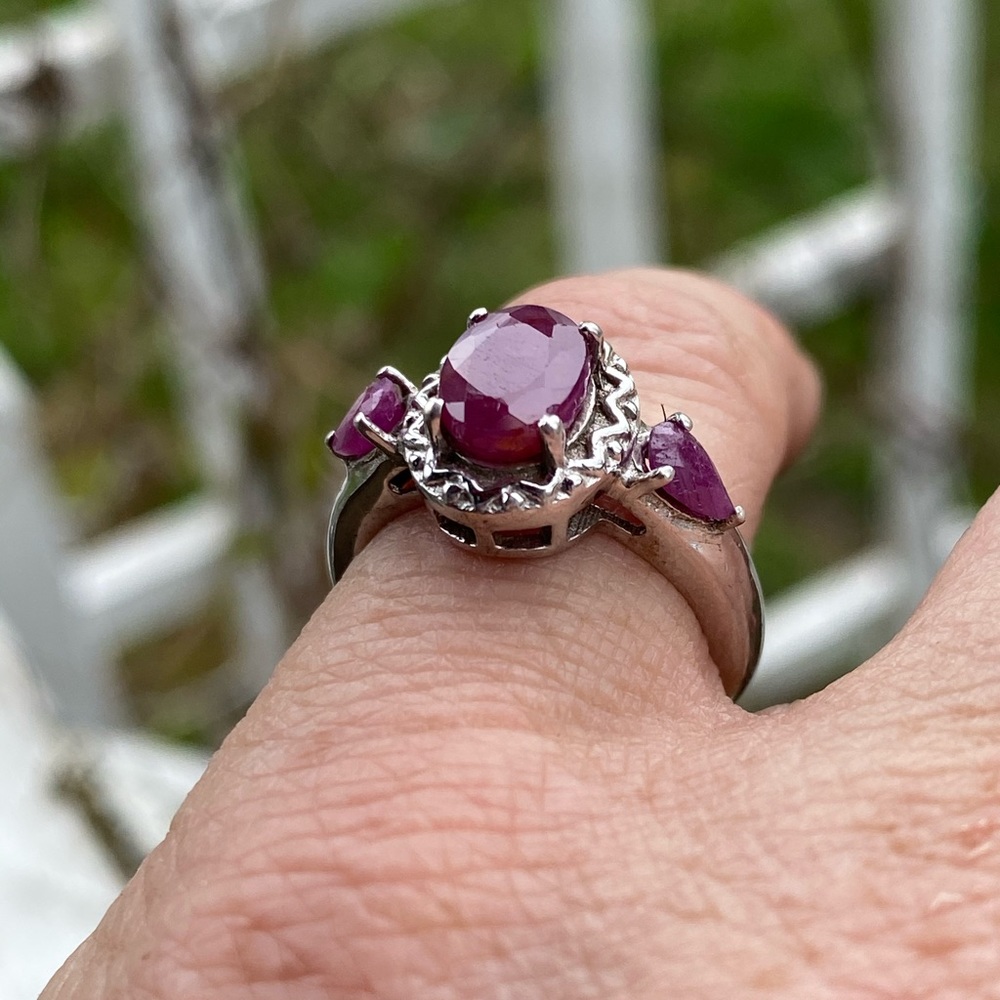 Genuine Ruby Ring Solid 925 Sterling Silver 3 Sto… - image 8